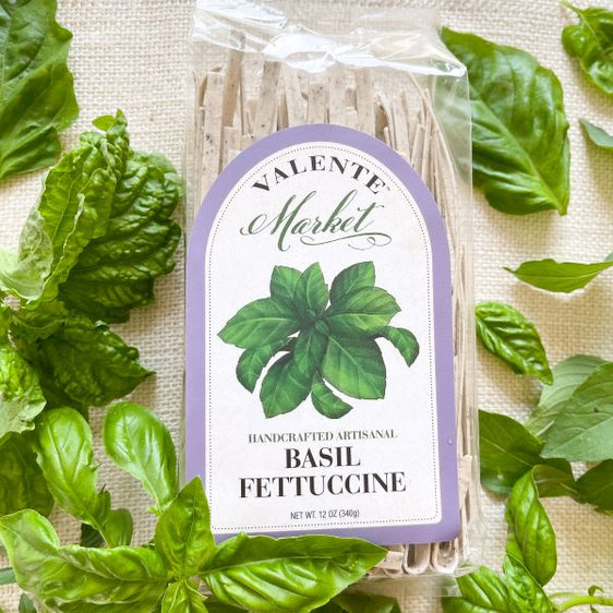 Basil Fettuccine in clear bag with purple border on the label