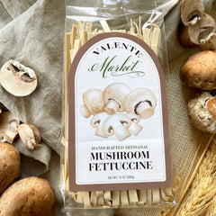 Mushroom fettuccine in a clear bag with mushrooms on the label