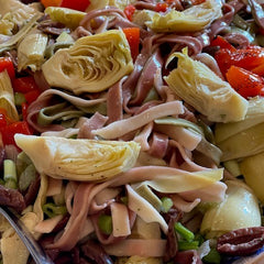Vegetable Fettuccine recipe detail with artichoke hearts, olives, scallions, and red peppers